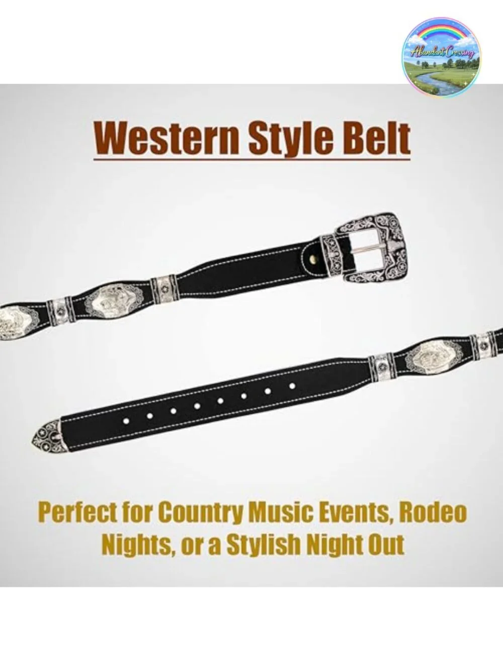 Genuine Leather Western Concho Belt with Silver Buckle - Rodeo Cowboy Belt for